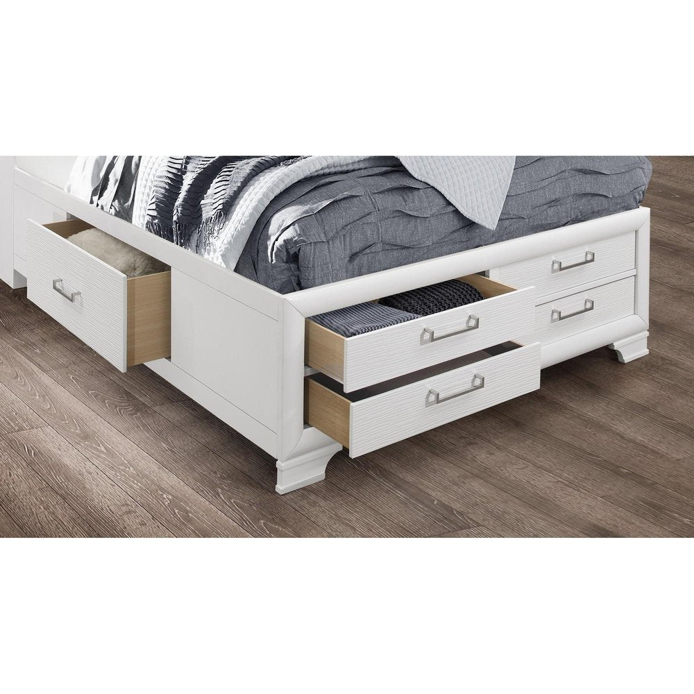 White Solid Wood Lighted King Bed Frame With Drawers