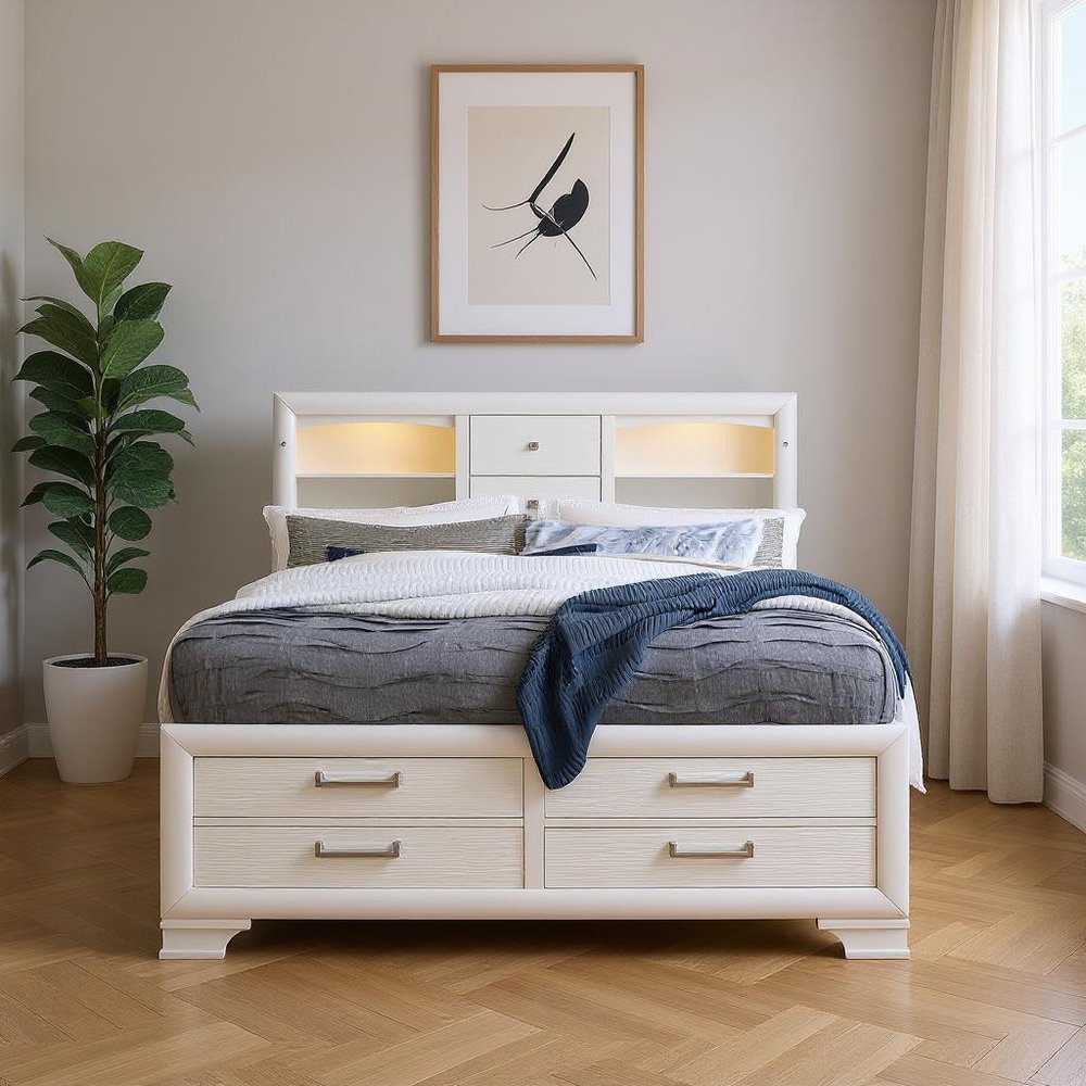 White Solid Wood Lighted King Bed Frame With Drawers
