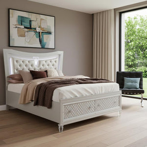 Champagne Tone Queen Bed With Padded Headboard  Led Lightning  2 Drawer