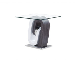 23" White Gray And Clear Glass and Wood Square Pedestal End Table