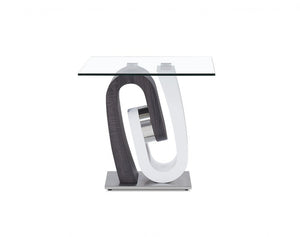 23" White Gray And Clear Glass and Wood Square Pedestal End Table