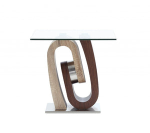23" Walnut, Oak And Clear Glass Square End Table