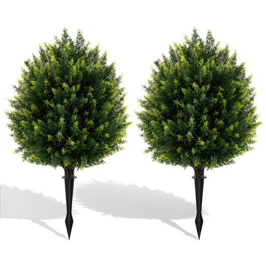 24 Inches Artificial Cypress Topiary Ball Tree Set with Ground Spike-Green