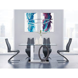 63" Clear Gray and White Glass And Metal Double Pedestal Base Dining Table