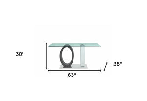 63" Clear Gray and White Glass And Metal Double Pedestal Base Dining Table