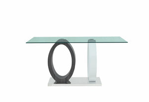 63" Clear Gray and White Glass And Metal Double Pedestal Base Dining Table