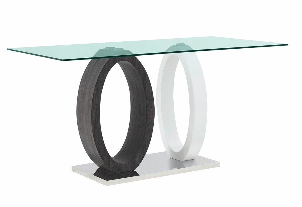 63" Clear Gray and White Glass And Metal Double Pedestal Base Dining Table