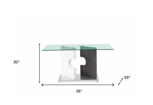 36" Clear And Gray Glass And Stainless Steel Double Pedestal Base Dining Table