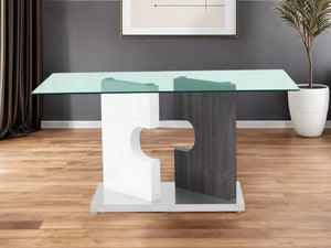 36" Clear And Gray Glass And Stainless Steel Double Pedestal Base Dining Table