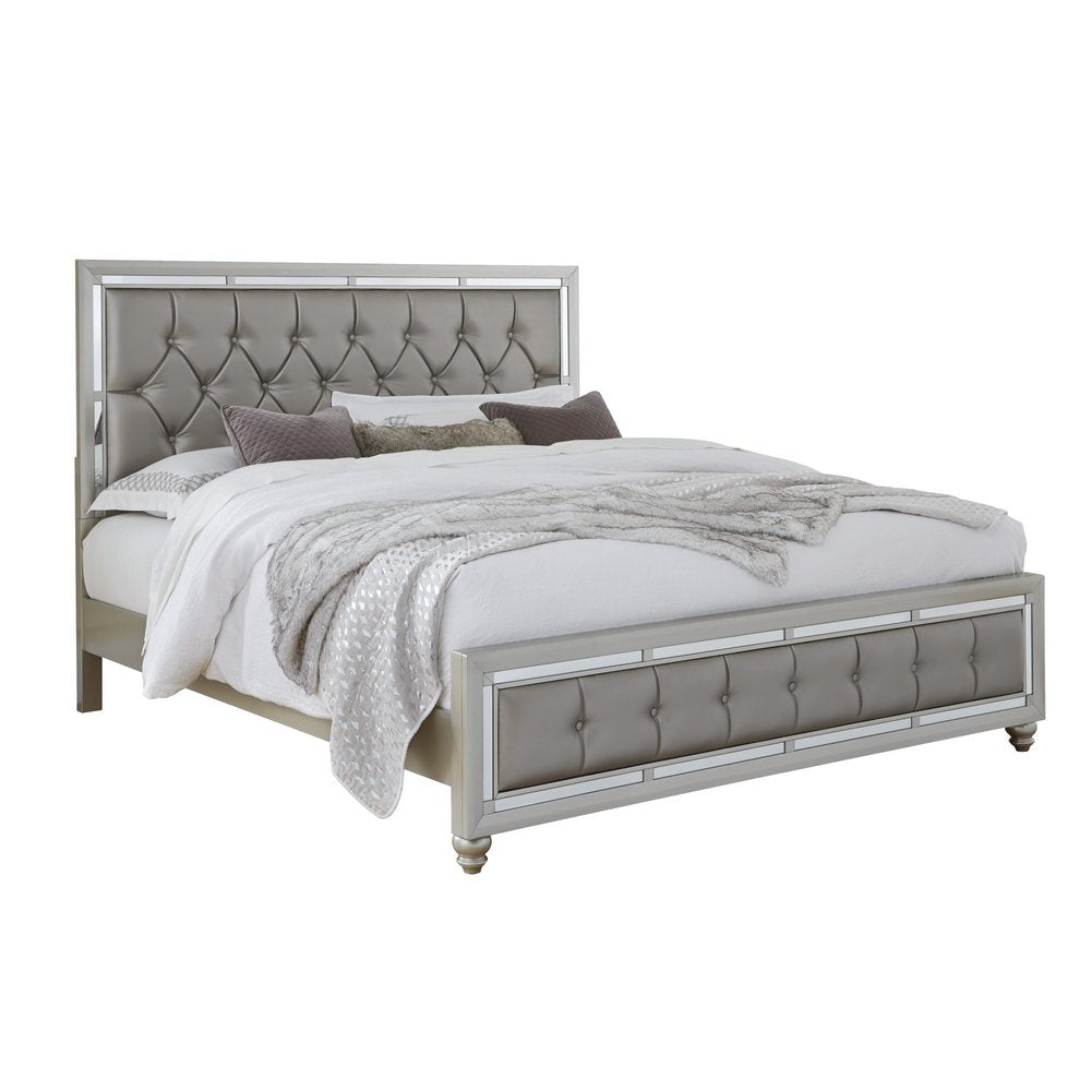 Silver Wood And Tufted Linen Queen Bed Frame With Nailhead Trim