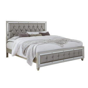 Silver Wood And Tufted Linen Queen Bed Frame With Nailhead Trim