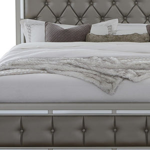 Silver Wood And Tufted Linen Queen Bed Frame With Nailhead Trim