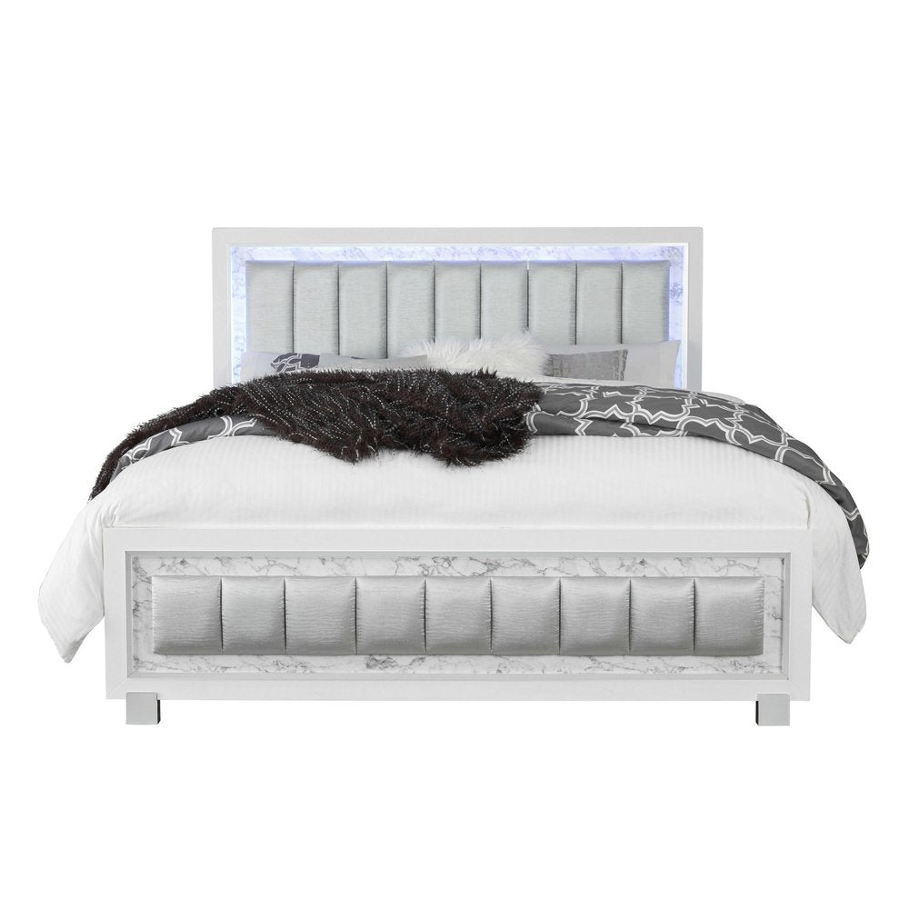 White Solid Wood And Faux Leather Lighted King Bed Frame With No