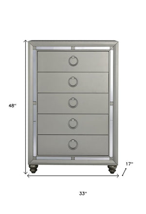 33" Silver Solid Wood Mirrored Five Drawer Dresser
