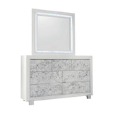 Modern White Dresser With 7 Faux Marble Detailed Front Drawer.