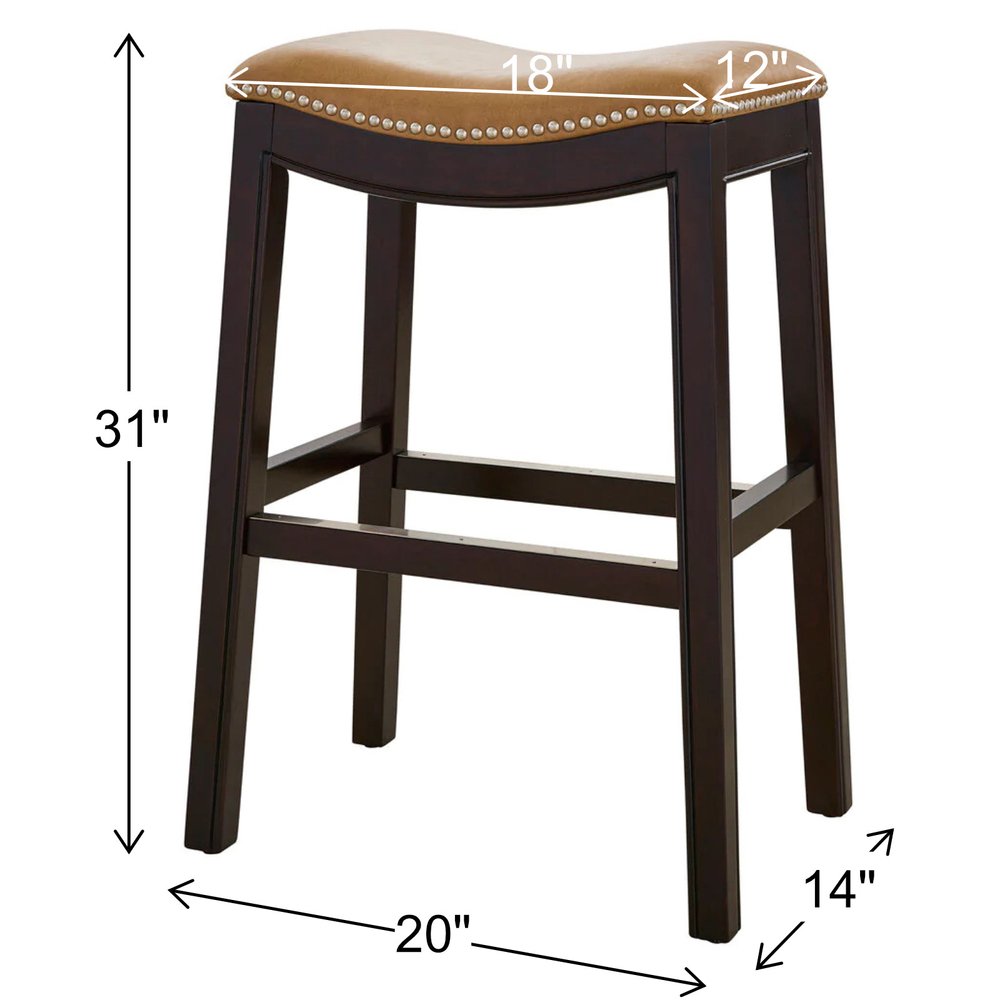 31" Tan and Espresso Faux Leather and Solid Wood Backless Counter Height Bar Chair