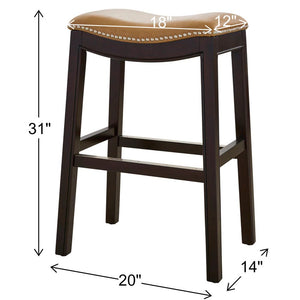31" Tan and Espresso Faux Leather and Solid Wood Backless Counter Height Bar Chair