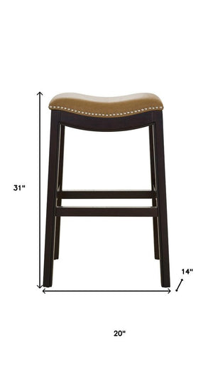31" Tan and Espresso Faux Leather and Solid Wood Backless Counter Height Bar Chair
