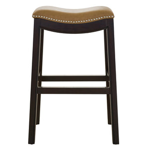 31" Tan and Espresso Faux Leather and Solid Wood Backless Counter Height Bar Chair