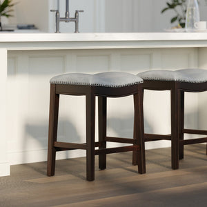 26" Gray and Espresso Faux Leather and Solid Wood Backless Counter Height Bar Chair