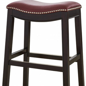 26" Dark Red And Espresso Faux Leather And Solid Wood Backless Counter Height Bar Chair