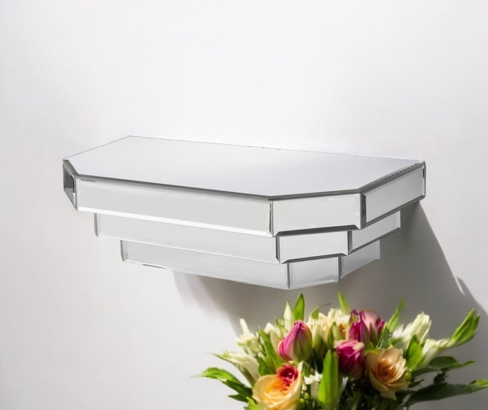16" Silver Mirrored Glass Hanging Dimensional Floating Shelf