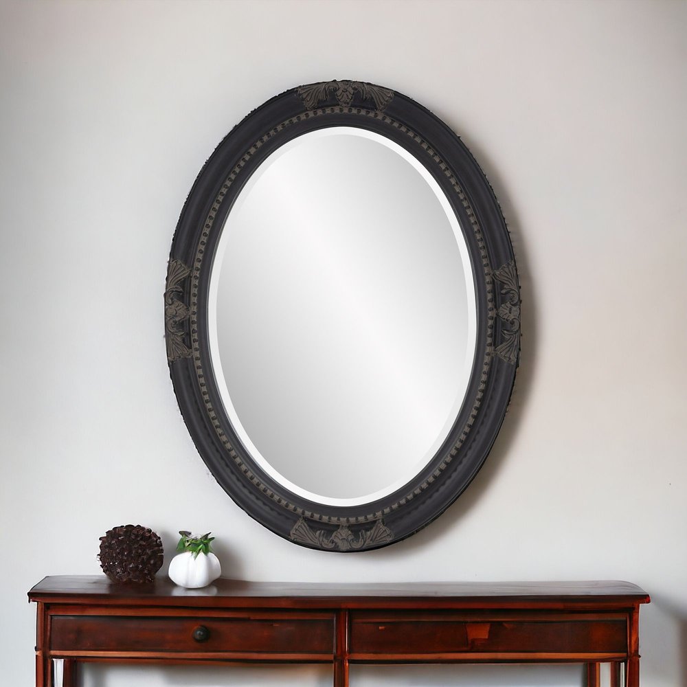 33" Black Ornate Oval Wood Framed Accent Mirror