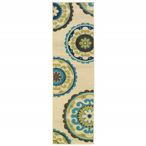 8' X 13' Ivory Indigo And Lime Green Floral Medallion Indoor Outdoor Area Rug