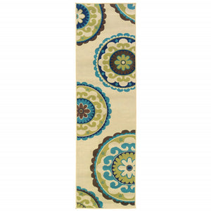 8' X 13' Ivory Indigo And Lime Green Floral Medallion Indoor Outdoor Area Rug