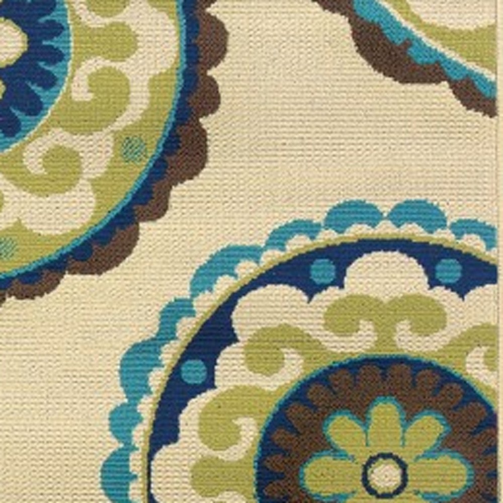 8' X 13' Ivory Indigo And Lime Green Floral Medallion Indoor Outdoor Area Rug