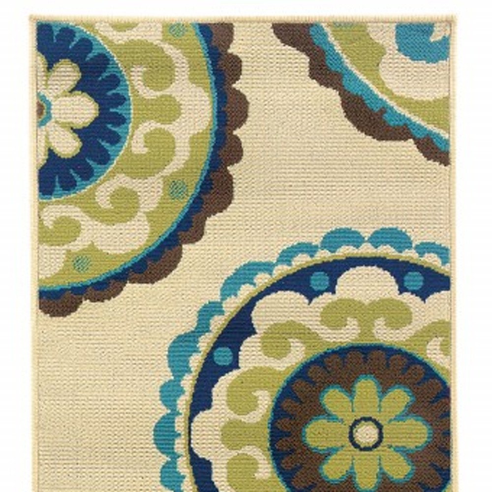 8' X 13' Ivory Indigo And Lime Green Floral Medallion Indoor Outdoor Area Rug