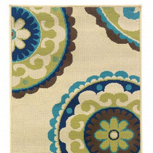 8' X 13' Ivory Indigo And Lime Green Floral Medallion Indoor Outdoor Area Rug