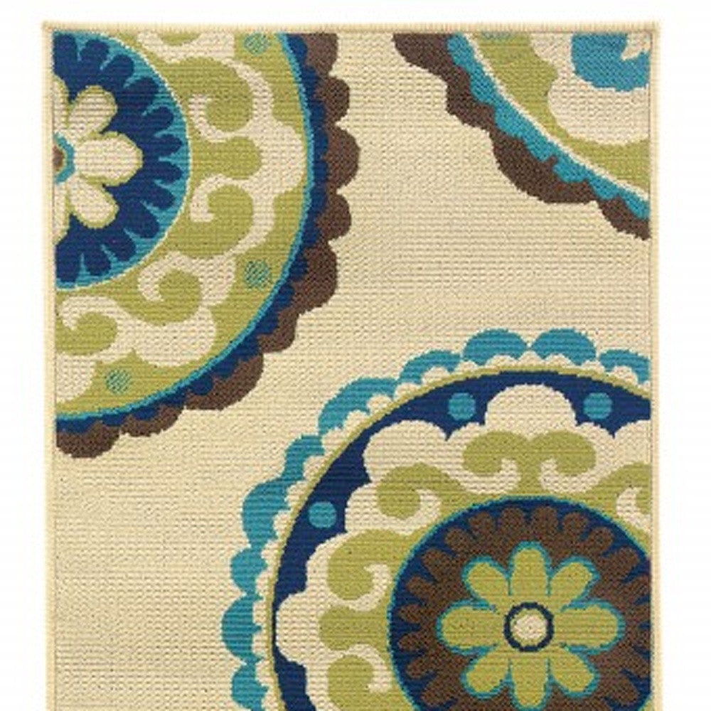 8' X 13' Ivory Indigo And Lime Green Floral Medallion Indoor Outdoor Area Rug
