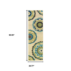 8' X 13' Ivory Indigo And Lime Green Floral Medallion Indoor Outdoor Area Rug