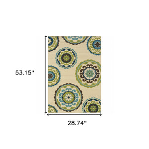8' X 13' Ivory Indigo And Lime Green Floral Medallion Indoor Outdoor Area Rug