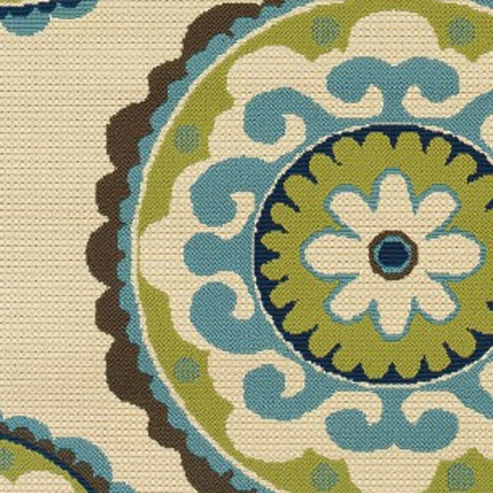 8' X 13' Ivory Indigo And Lime Green Floral Medallion Indoor Outdoor Area Rug