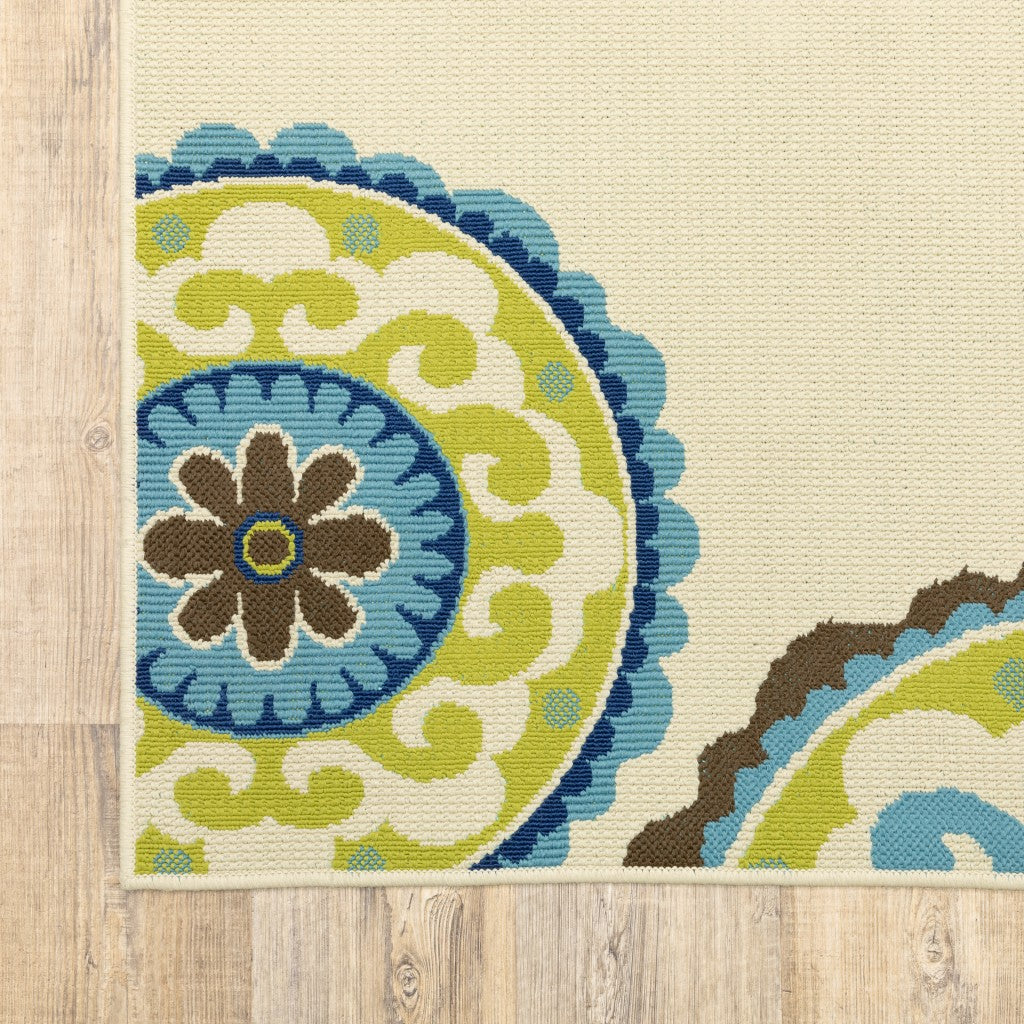8' X 13' Ivory Indigo And Lime Green Floral Medallion Indoor Outdoor Area Rug