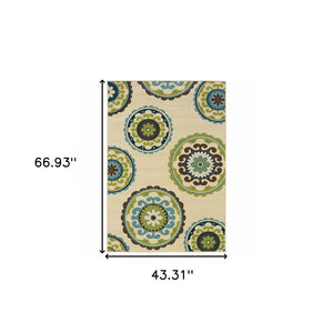 8' X 13' Ivory Indigo And Lime Green Floral Medallion Indoor Outdoor Area Rug