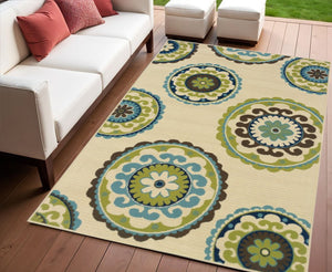 8' X 13' Ivory Indigo And Lime Green Floral Medallion Indoor Outdoor Area Rug