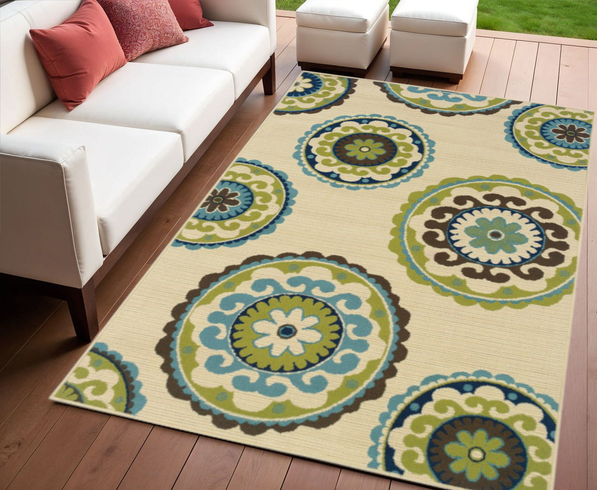 8' X 13' Ivory Indigo And Lime Green Floral Medallion Indoor Outdoor Area Rug