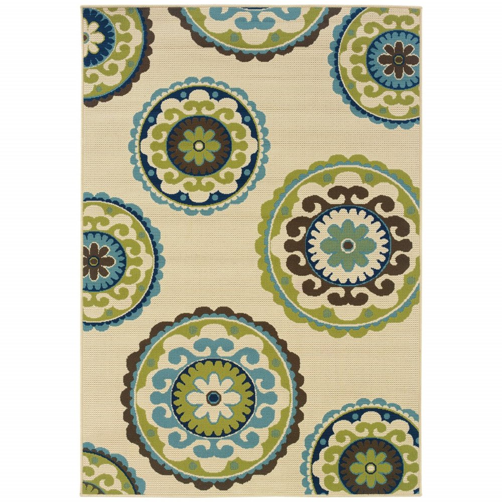 8' X 13' Ivory Indigo And Lime Green Floral Medallion Indoor Outdoor Area Rug