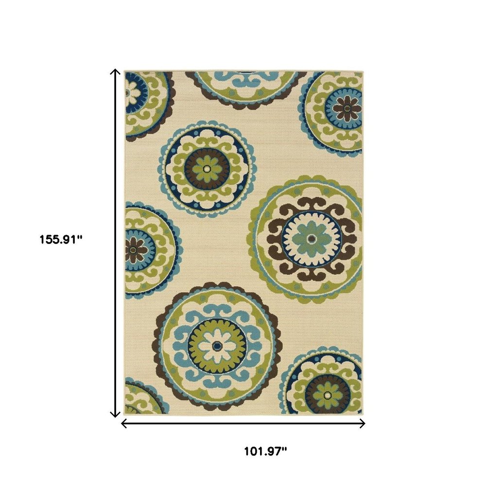 8' X 13' Ivory Indigo And Lime Green Floral Medallion Indoor Outdoor Area Rug