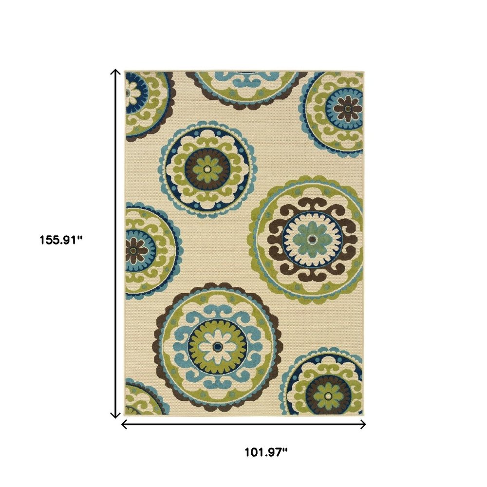 8' X 13' Ivory Indigo And Lime Green Floral Medallion Indoor Outdoor Area Rug