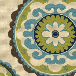 8' X 13' Ivory Indigo And Lime Green Floral Medallion Indoor Outdoor Area Rug