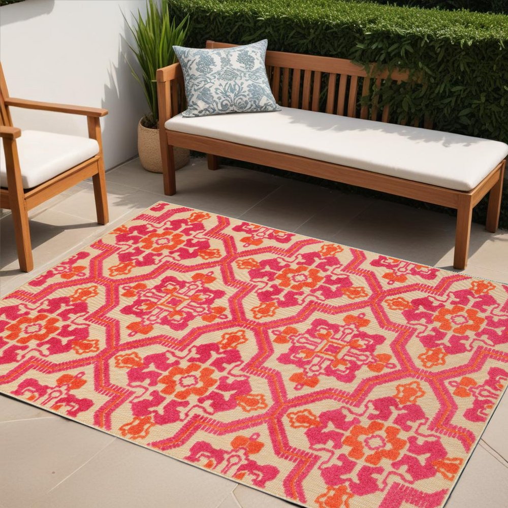 8' Pink And Orange Moroccan Indoor Outdoor Area Rug