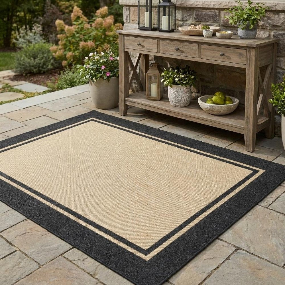 8' Beige And Black Indoor Outdoor Area Rug