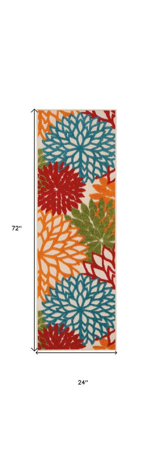 6' Runner Ivory Blue and Orange Floral Indoor Outdoor Area Rug