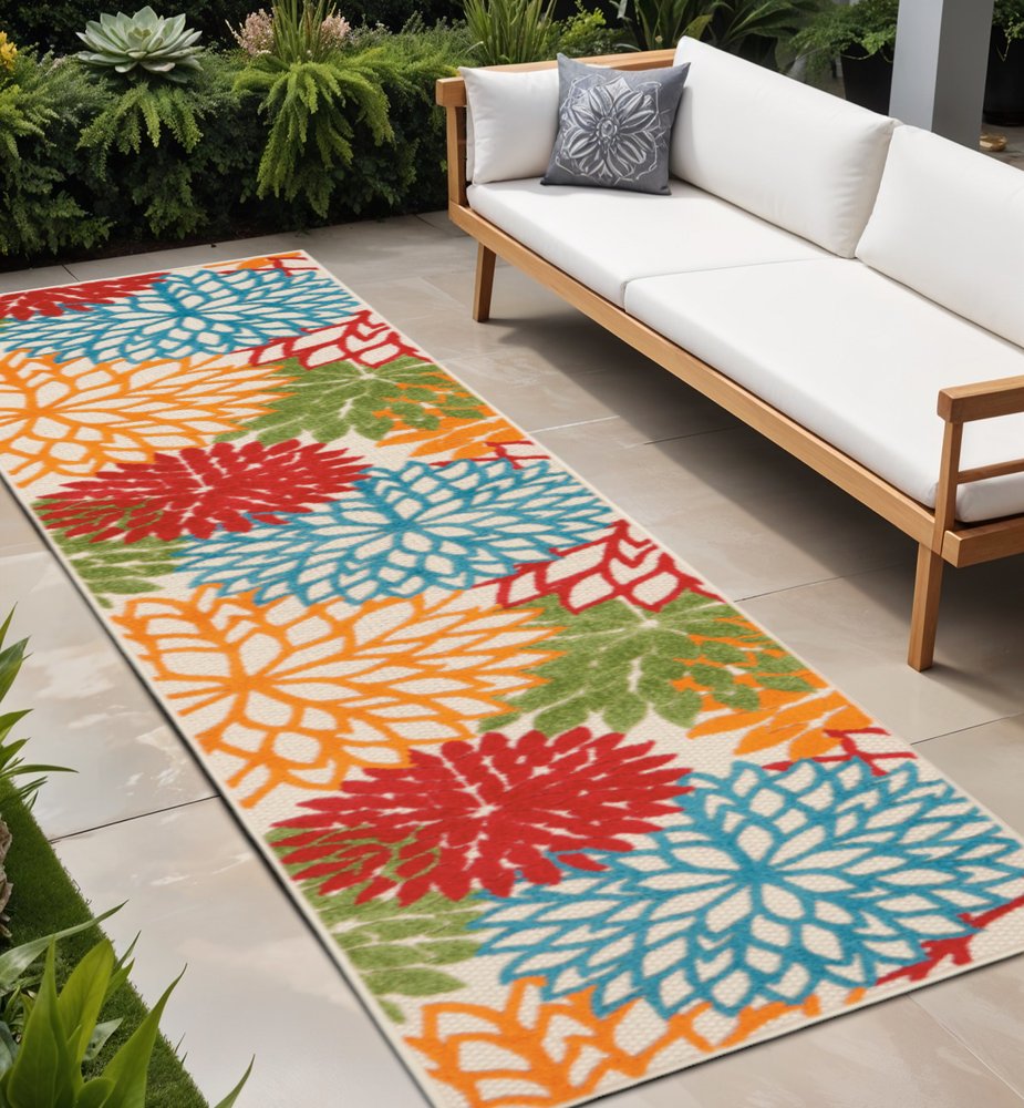 12' Green And Ivory Floral Indoor Outdoor Runner Rug