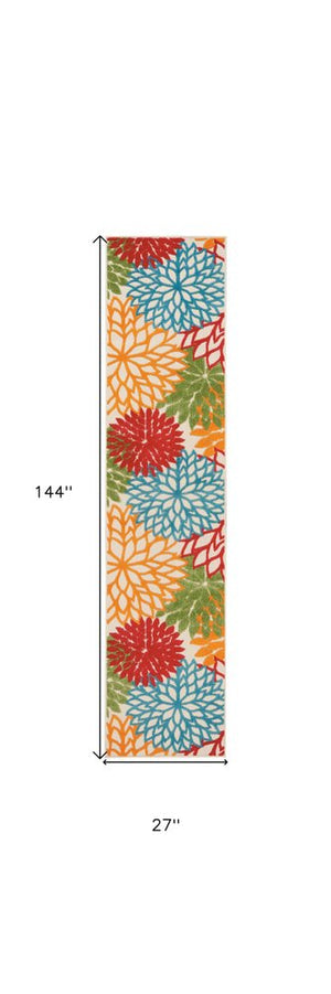 12' Green And Ivory Floral Indoor Outdoor Runner Rug