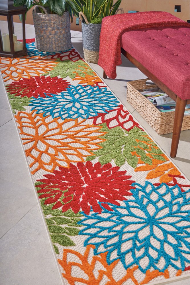 12' Green And Ivory Floral Indoor Outdoor Runner Rug